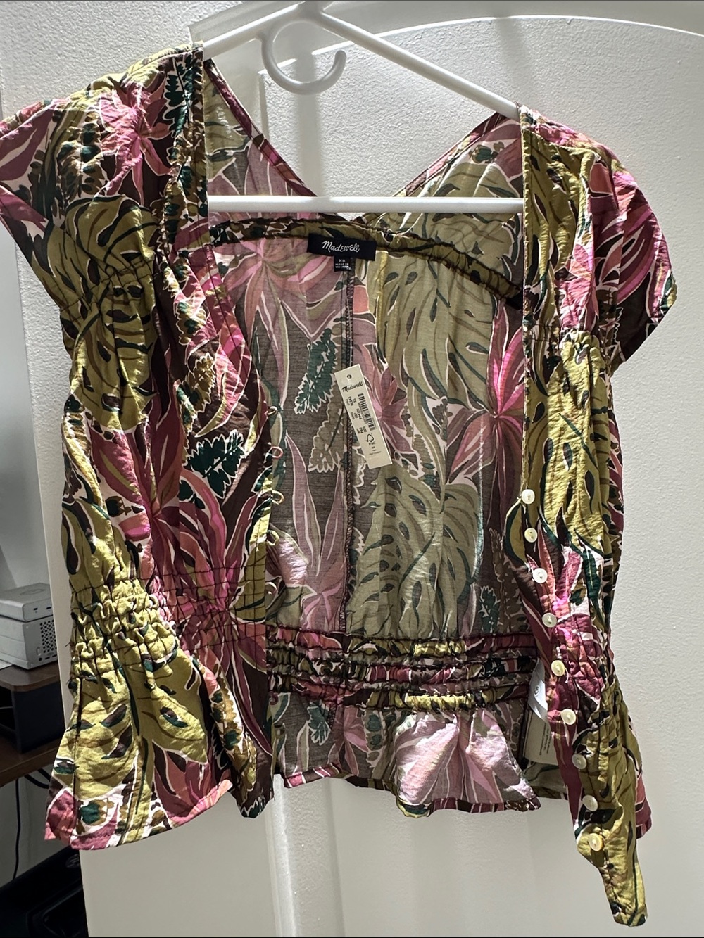 Madewell Pink and Olive Tropical Floral Peasant Blouse